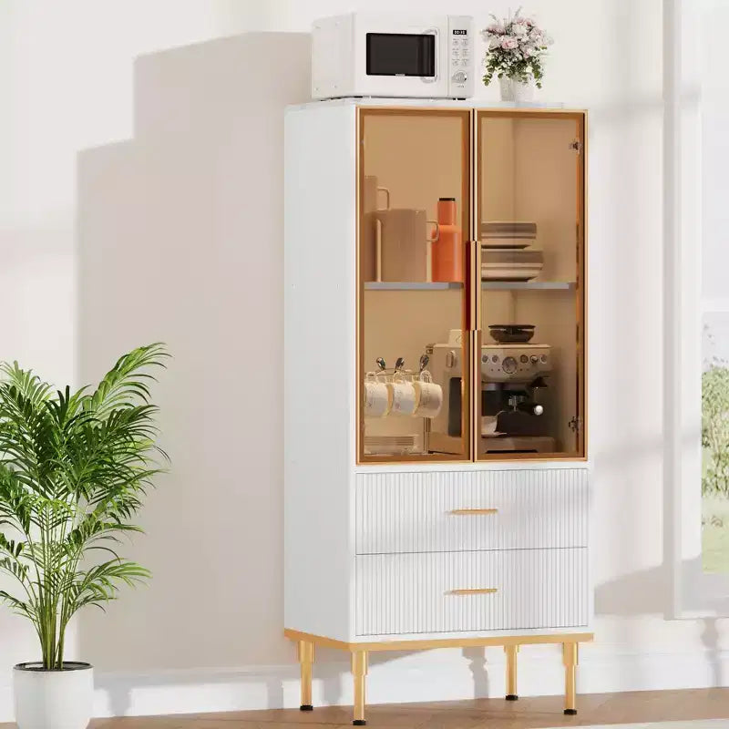 COZONY Buffet de Rangement Cannelé avec Portes Vitrées et 2 Tiroirs, Desserte Moderne avec Étagères Réglables pour Cuisine, Salle à Manger, Salon