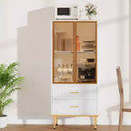 COZONY Buffet de Rangement Cannelé avec Portes Vitrées et 2 Tiroirs, Desserte Moderne avec Étagères Réglables pour Cuisine, Salle à Manger, Salon