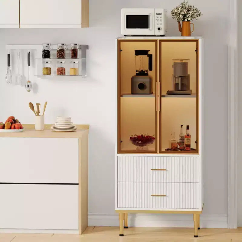 COZONY Buffet de Rangement Cannelé avec Portes Vitrées et 2 Tiroirs, Desserte Moderne avec Étagères Réglables pour Cuisine, Salle à Manger, Salon