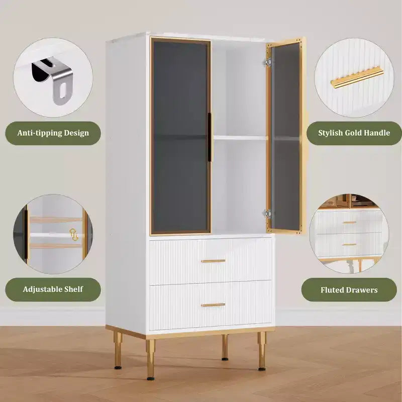 COZONY Buffet de Rangement Cannelé avec Portes Vitrées et 2 Tiroirs, Desserte Moderne avec Étagères Réglables pour Cuisine, Salle à Manger, Salon
