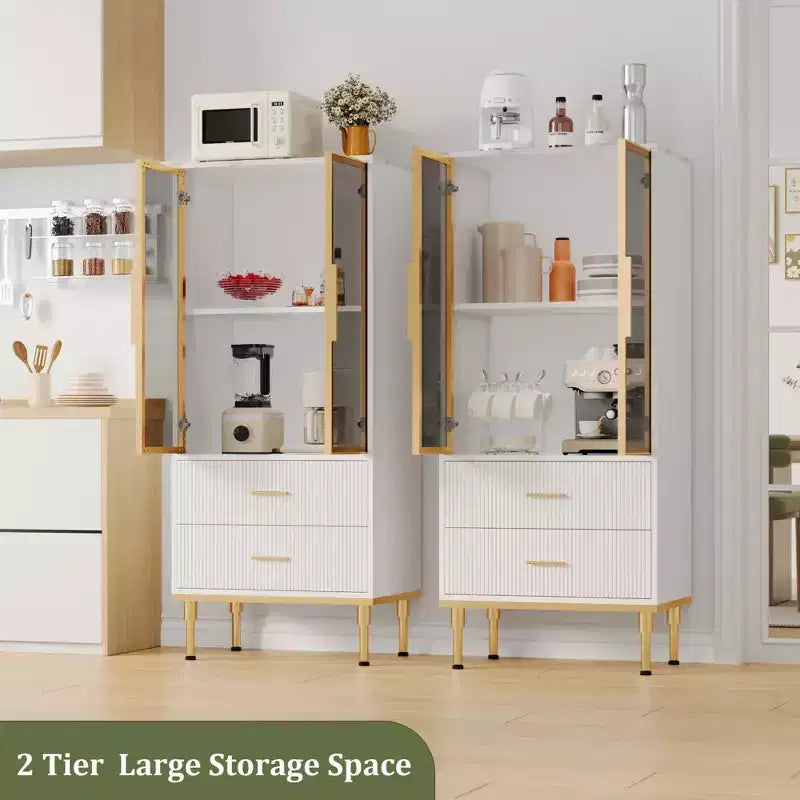 COZONY Buffet de Rangement Cannelé avec Portes Vitrées et 2 Tiroirs, Desserte Moderne avec Étagères Réglables pour Cuisine, Salle à Manger, Salon