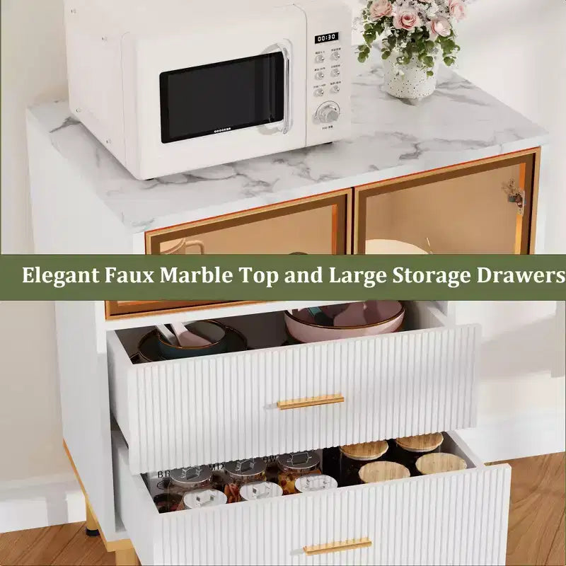 COZONY Buffet de Rangement Cannelé avec Portes Vitrées et 2 Tiroirs, Desserte Moderne avec Étagères Réglables pour Cuisine, Salle à Manger, Salon