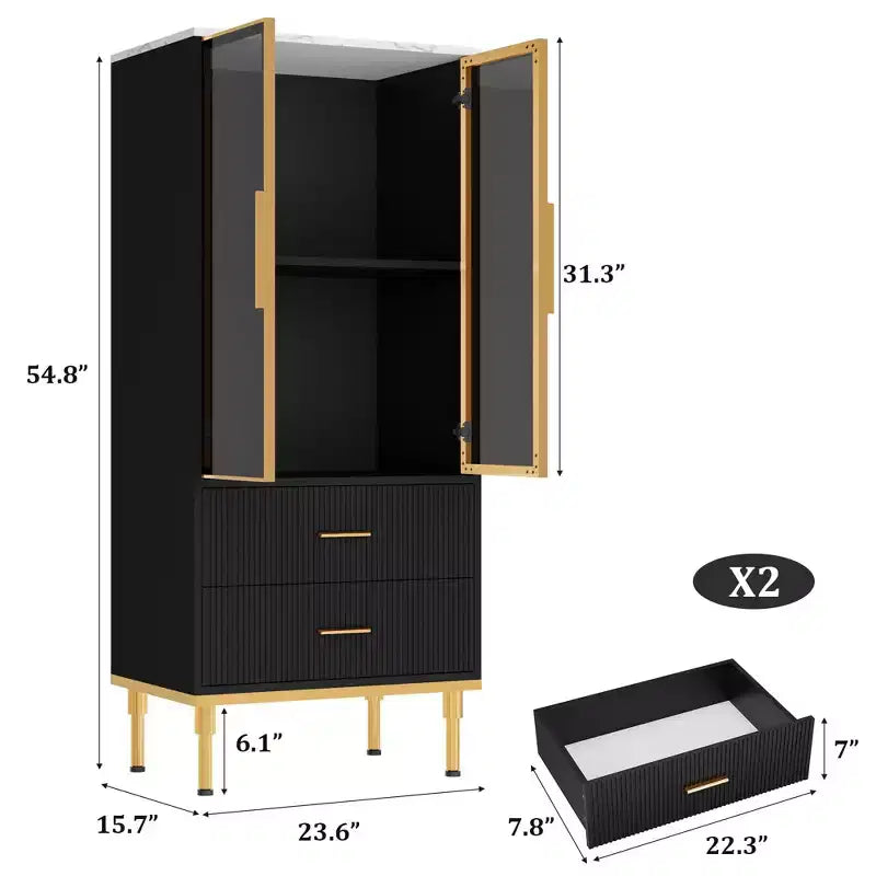 COZONY Buffet de Rangement Cannelé avec Portes Vitrées et 2 Tiroirs, Desserte Moderne avec Étagères Réglables pour Cuisine, Salle à Manger, Salon