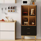 COZONY Buffet de Rangement Cannelé avec Portes Vitrées et 2 Tiroirs, Desserte Moderne avec Étagères Réglables pour Cuisine, Salle à Manger, Salon