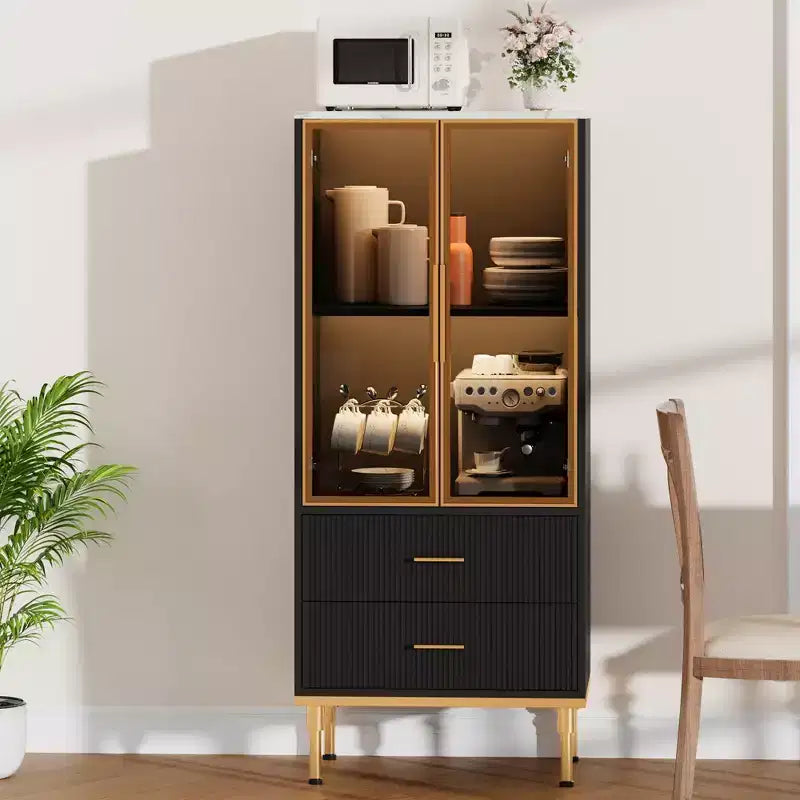 COZONY Buffet de Rangement Cannelé avec Portes Vitrées et 2 Tiroirs, Desserte Moderne avec Étagères Réglables pour Cuisine, Salle à Manger, Salon