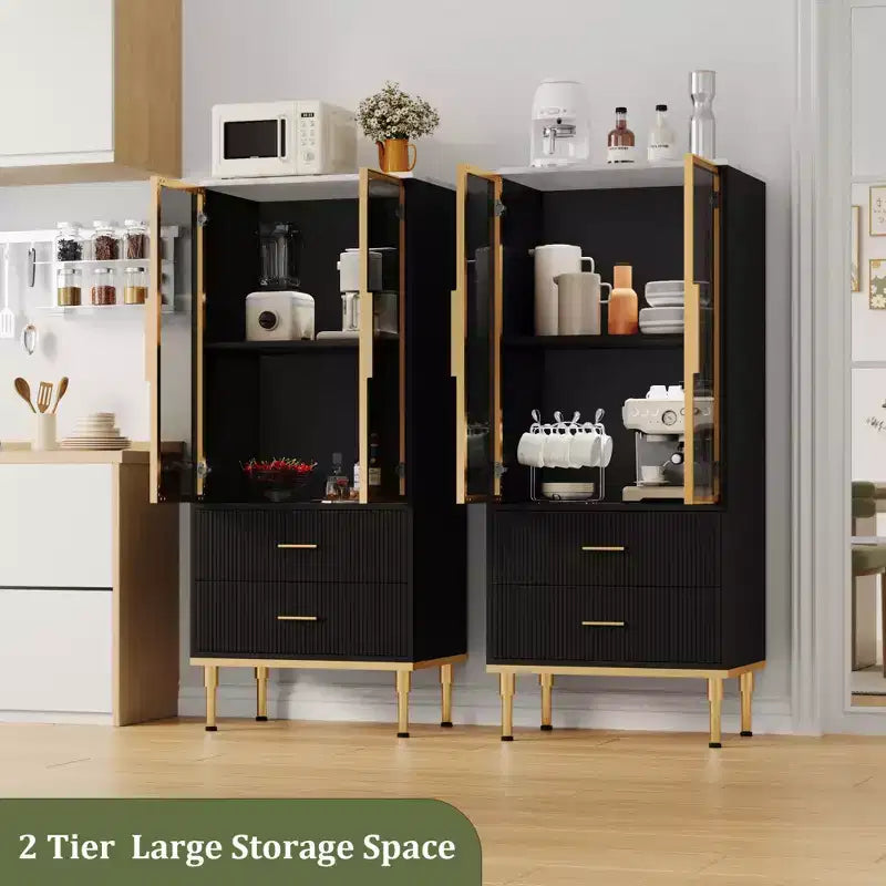 COZONY Buffet de Rangement Cannelé avec Portes Vitrées et 2 Tiroirs, Desserte Moderne avec Étagères Réglables pour Cuisine, Salle à Manger, Salon