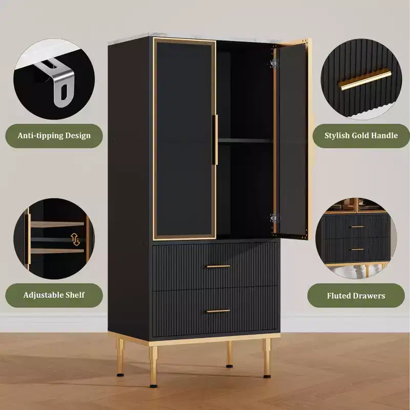 COZONY Buffet de Rangement Cannelé avec Portes Vitrées et 2 Tiroirs, Desserte Moderne avec Étagères Réglables pour Cuisine, Salle à Manger, Salon