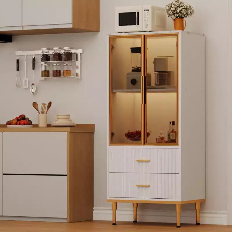 COZONY Buffet de Rangement Cannelé avec Portes Vitrées et 2 Tiroirs, Desserte Moderne avec Étagères Réglables pour Cuisine, Salle à Manger, Salon