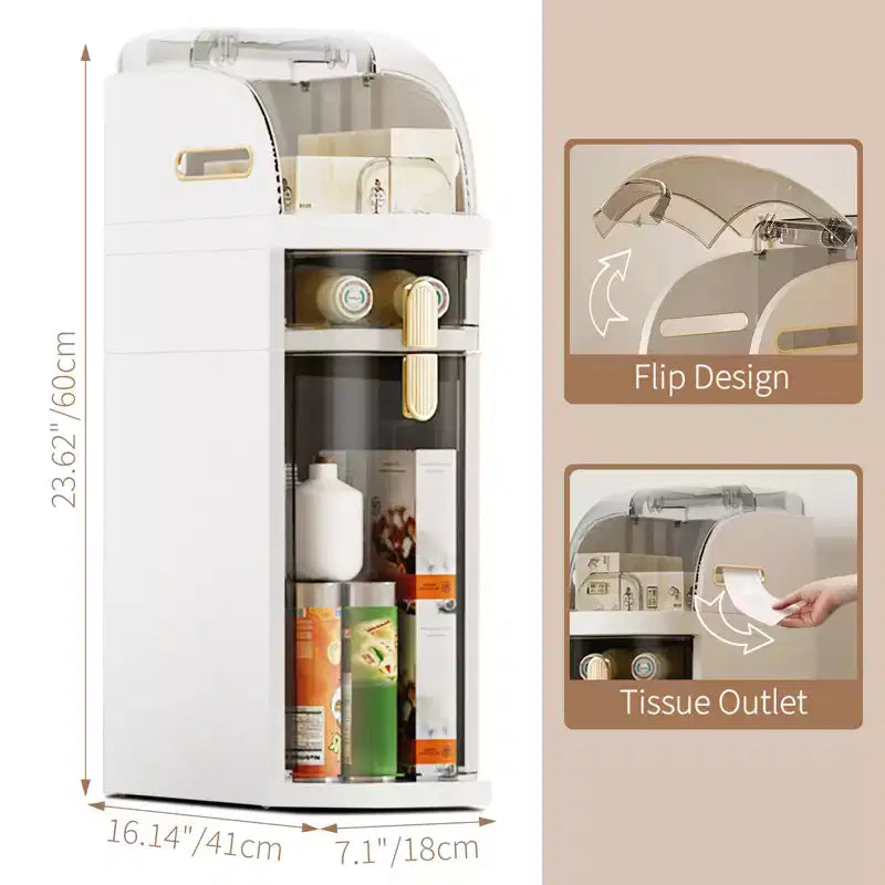 Meuble de rangement de salle de bain fin COZONY avec tiroirs et boîte à mouchoirs, organisateur sur roulettes étroit et étanche pour petit espace, buanderie, salon