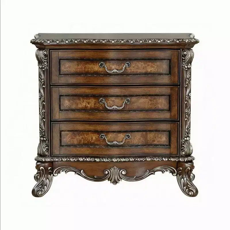 Table de chevet Royal Hampton Vany, garniture florale traditionnelle, 3 tiroirs, brun cerise