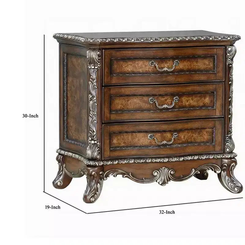 Table de chevet Royal Hampton Vany, garniture florale traditionnelle, 3 tiroirs, brun cerise