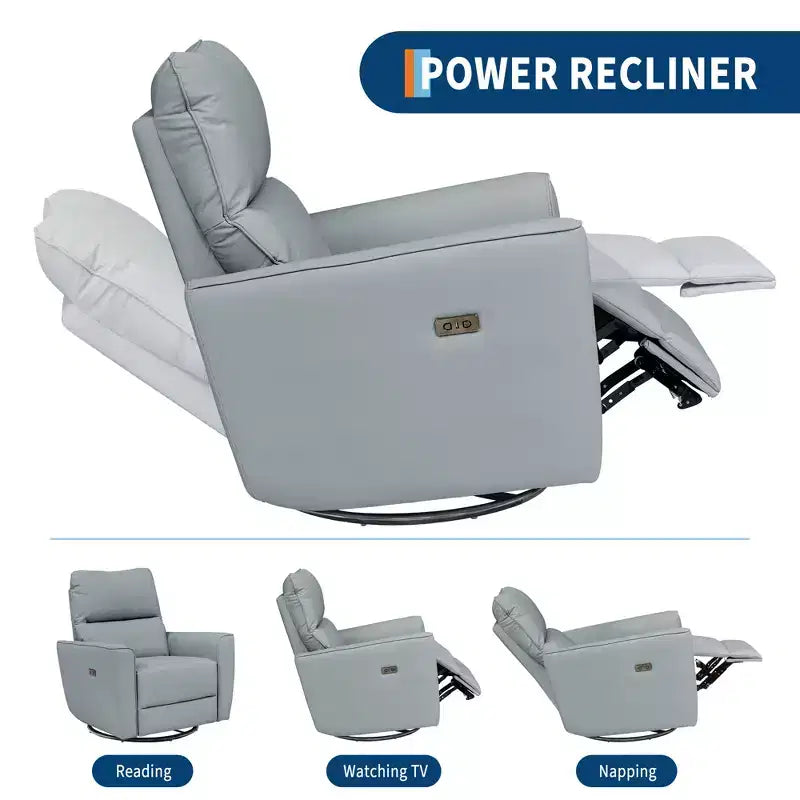 Fauteuil inclinable électrique, pivotant et coulissant, en cuir PU, avec repose-pieds réglable et accoudoir incurvé pour salon, bureau, chambre à coucher