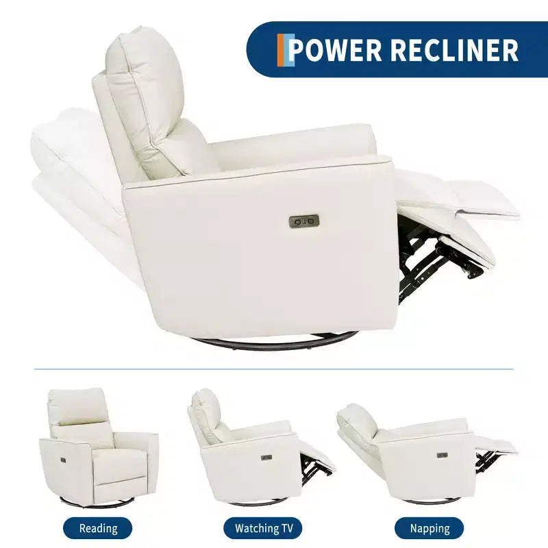 Fauteuil inclinable électrique, pivotant et coulissant, en cuir PU, avec repose-pieds réglable et accoudoir incurvé pour salon, bureau, chambre à coucher