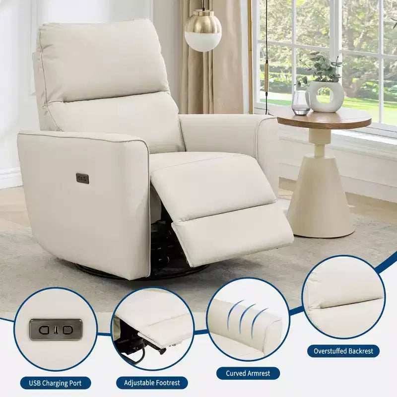 Fauteuil inclinable électrique, pivotant et coulissant, en cuir PU, avec repose-pieds réglable et accoudoir incurvé pour salon, bureau, chambre à coucher