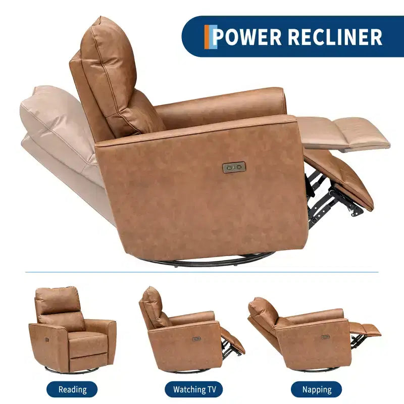 Fauteuil inclinable électrique, pivotant et coulissant, en cuir PU, avec repose-pieds réglable et accoudoir incurvé pour salon, bureau, chambre à coucher