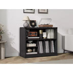 Meuble pour platine vinyle COZONY avec 6 rangements pour vinyles, table de tourne-disque moderne avec étagère à vinyles, organisateur multimédia en bois pour salon, noir