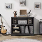 Meuble pour platine vinyle COZONY avec 6 rangements pour vinyles, table de tourne-disque moderne avec étagère à vinyles, organisateur multimédia en bois pour salon, noir