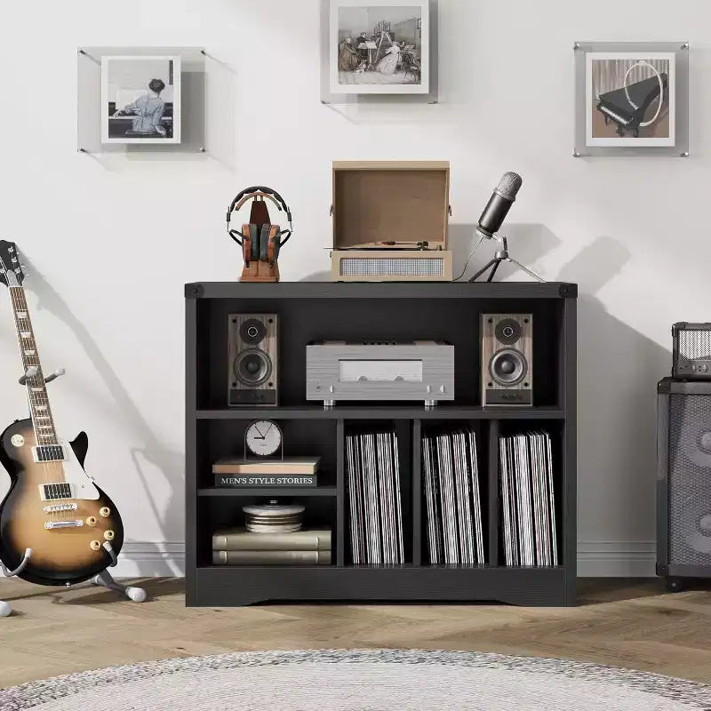 Meuble pour platine vinyle COZONY avec 6 rangements pour vinyles, table de tourne-disque moderne avec étagère à vinyles, organisateur multimédia en bois pour salon, noir