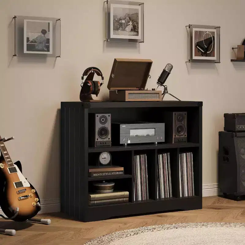 Meuble pour platine vinyle COZONY avec 6 rangements pour vinyles, table de tourne-disque moderne avec étagère à vinyles, organisateur multimédia en bois pour salon, noir