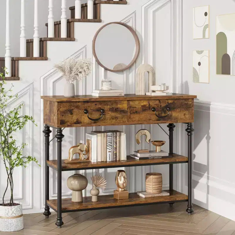 Console étroite avec étagères de rangement, Petite table d'entrée pour vestibule, Tables console avec 2 tiroirs, pour salon, couloir