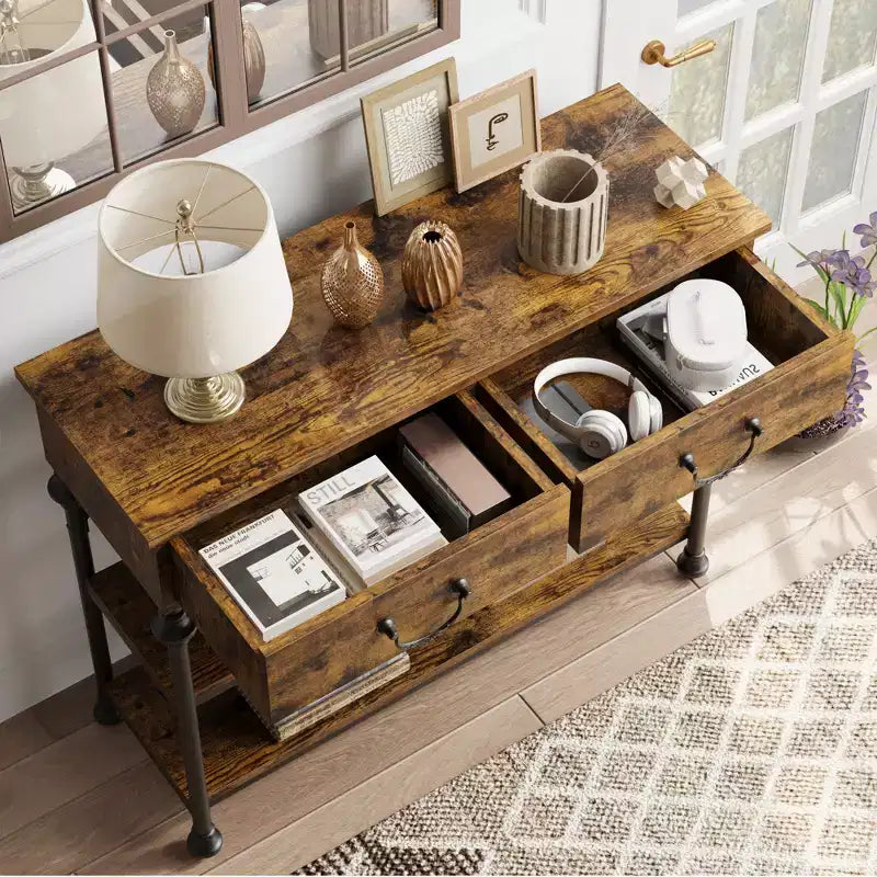 Console étroite avec étagères de rangement, Petite table d'entrée pour vestibule, Tables console avec 2 tiroirs, pour salon, couloir