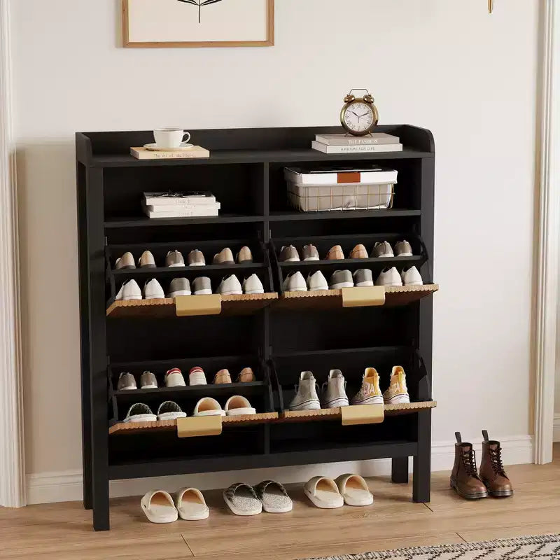 Meuble à chaussures avec 4 tiroirs basculants, meuble de rangement pour chaussures autoportant, meuble à chaussures mince cannelé pour salon, chambre à coucher, couloir