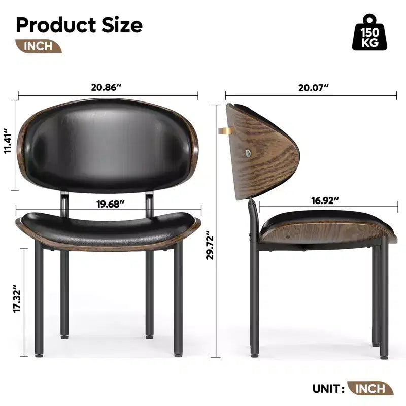Lot de 2 chaises de salle à manger Bestier, chaises de salon en bois courbé, chaises de cuisine ergonomiques en cuir PU, chaises en bois sans accoudoirs, chaises de bureau Mid-Century, noires