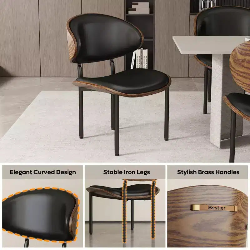 Lot de 2 chaises de salle à manger Bestier, chaises de salon en bois courbé, chaises de cuisine ergonomiques en cuir PU, chaises en bois sans accoudoirs, chaises de bureau Mid-Century, noires