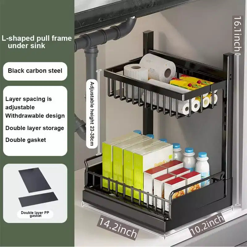 COZONY Organisateur sous évier avec tiroirs coulissants, Rangement de placard de cuisine réglable en forme de L à 2 niveaux, Étagère en métal pour salle de bain