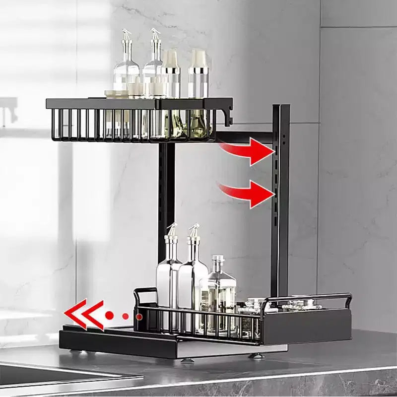COZONY Organisateur sous évier avec tiroirs coulissants, Rangement de placard de cuisine réglable en forme de L à 2 niveaux, Étagère en métal pour salle de bain