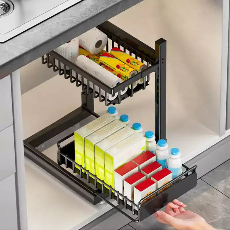 COZONY Organisateur sous évier avec tiroirs coulissants, Rangement de placard de cuisine réglable en forme de L à 2 niveaux, Étagère en métal pour salle de bain