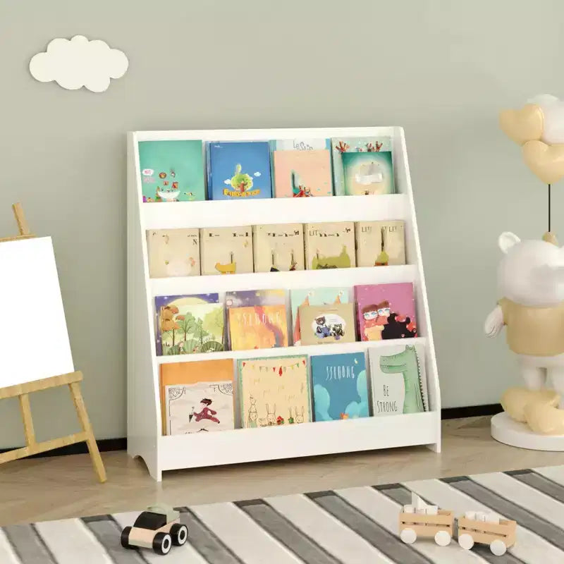 Étagère à livres pour enfants à 4 niveaux, étagère de rangement d'angle, étagère en bois pour bébés et tout-petits, présentoir à livres stable pour salles de classe, salles de jeux