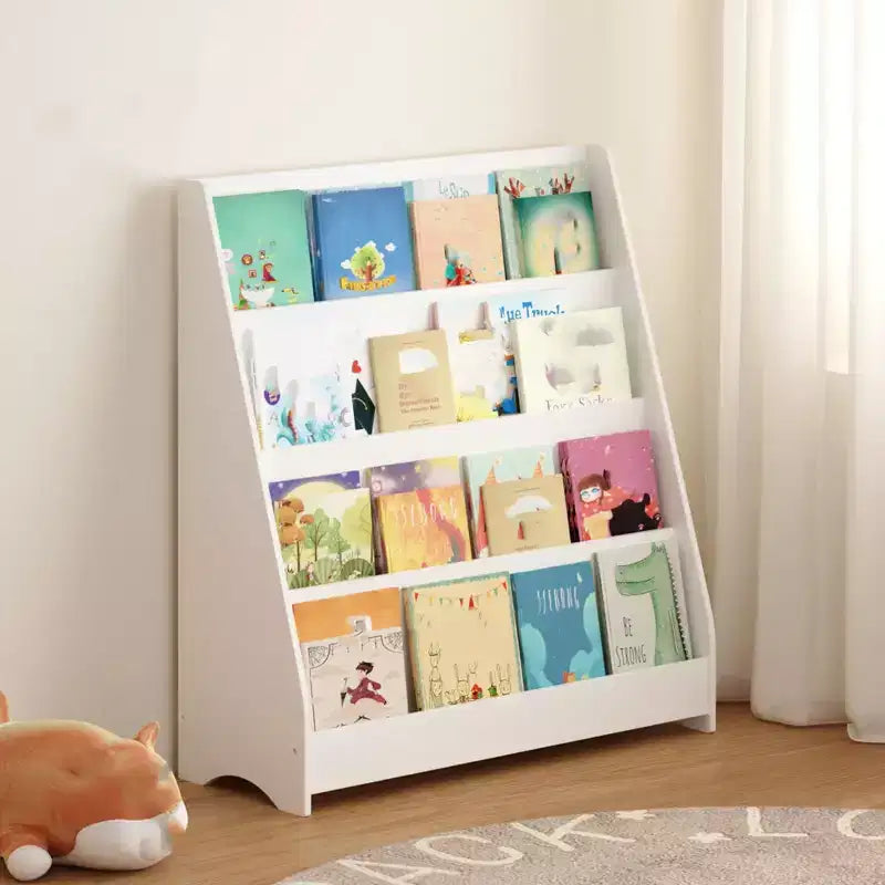 Étagère à livres pour enfants à 4 niveaux, étagère de rangement d'angle, étagère en bois pour bébés et tout-petits, présentoir à livres stable pour salles de classe, salles de jeux