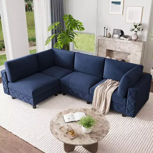 134 Blue Velvet L-Shaped Modular Sectional Sofa C 4-Seater Cloud Couch with High-Density Sponge for Living Room & Apartment