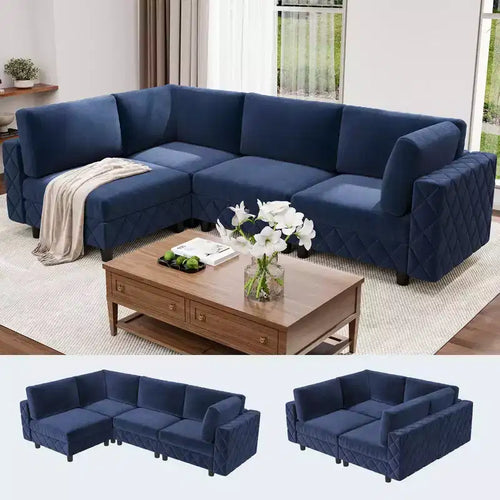 Canapé modulaire sectionnel en L en velours bleu 134, canapé nuage 4 places avec éponge haute densité pour salon et appartement
