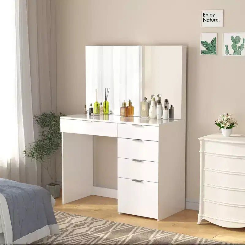 Coiffeuse blanche avec miroir lumineux et 5 tiroirs de rangement