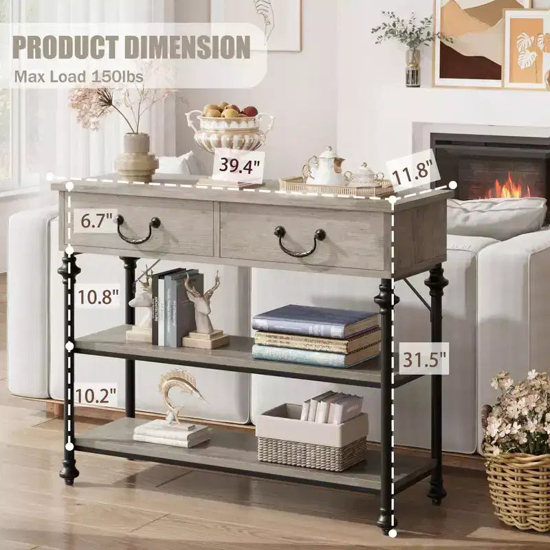 Console étroite GustoWave avec 2 tiroirs, petite table d'entrée avec étagères de rangement, petite table de canapé pour foyer et couloir pour salon