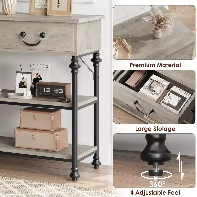 Console étroite GustoWave avec 2 tiroirs, petite table d'entrée avec étagères de rangement, petite table de canapé pour foyer et couloir pour salon