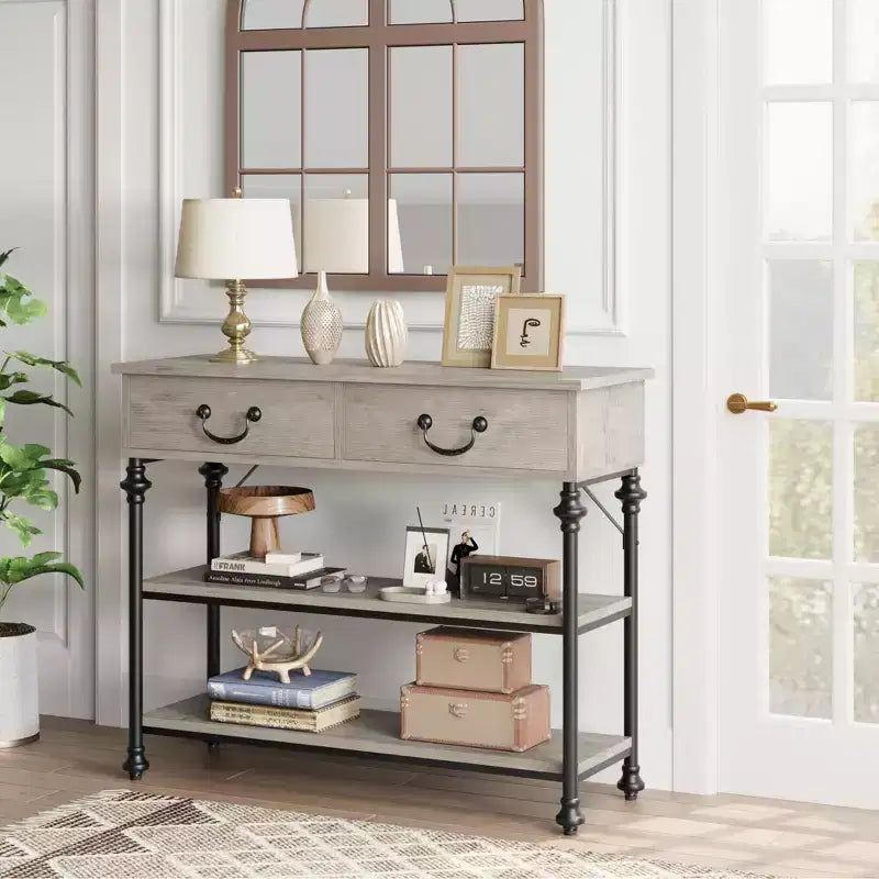 Console étroite GustoWave avec 2 tiroirs, petite table d'entrée avec étagères de rangement, petite table de canapé pour foyer et couloir pour salon