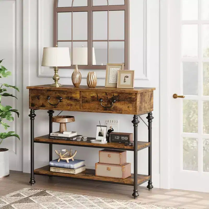 Console étroite GustoWave avec 2 tiroirs, petite table d'entrée avec étagères de rangement, petite table de canapé pour foyer et couloir pour salon