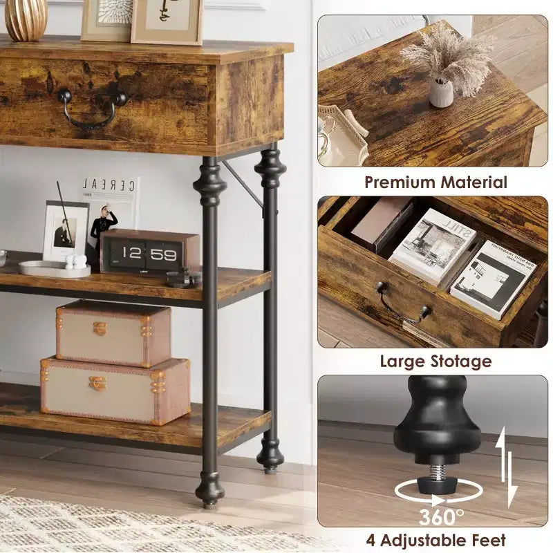 Console étroite GustoWave avec 2 tiroirs, petite table d'entrée avec étagères de rangement, petite table de canapé pour foyer et couloir pour salon