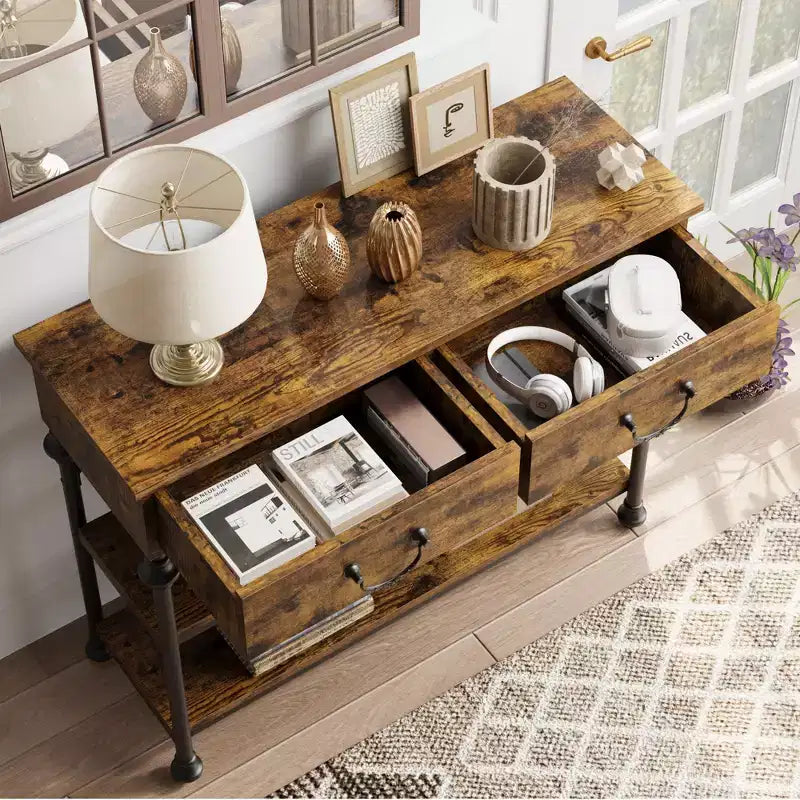 Console étroite GustoWave avec 2 tiroirs, petite table d'entrée avec étagères de rangement, petite table de canapé pour foyer et couloir pour salon