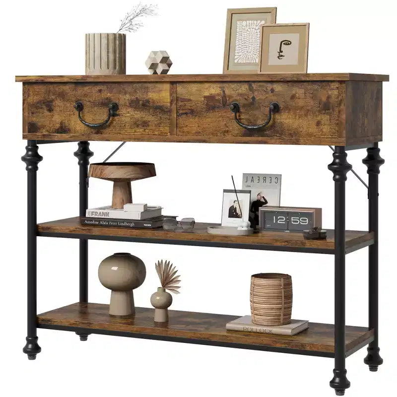 Console étroite GustoWave avec 2 tiroirs, petite table d'entrée avec étagères de rangement, petite table de canapé pour foyer et couloir pour salon