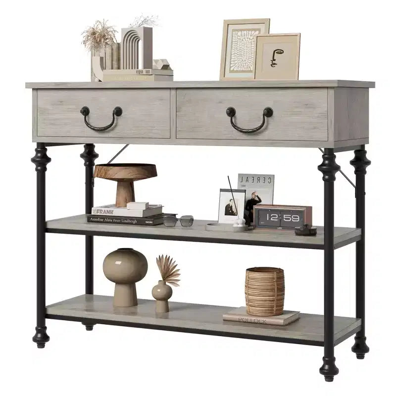 Console étroite GustoWave avec 2 tiroirs, petite table d'entrée avec étagères de rangement, petite table de canapé pour foyer et couloir pour salon