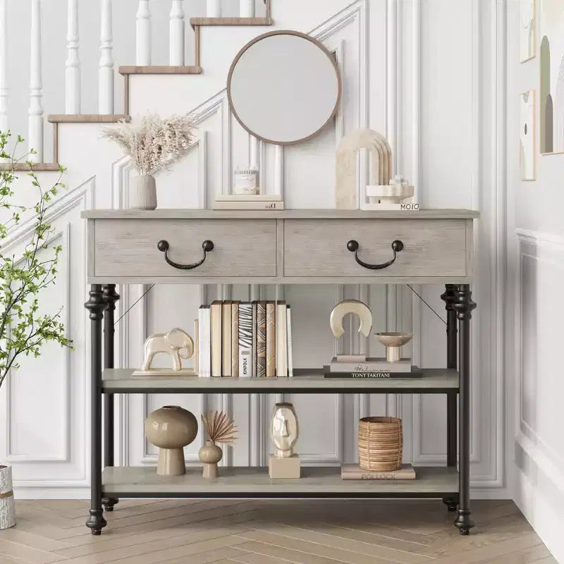Console étroite GustoWave avec 2 tiroirs, petite table d'entrée avec étagères de rangement, petite table de canapé pour foyer et couloir pour salon