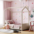 Twin/Full Size House Bed Velvet Platform Bed Frame Wood Bed for Kid, Beige - ModernLuxe