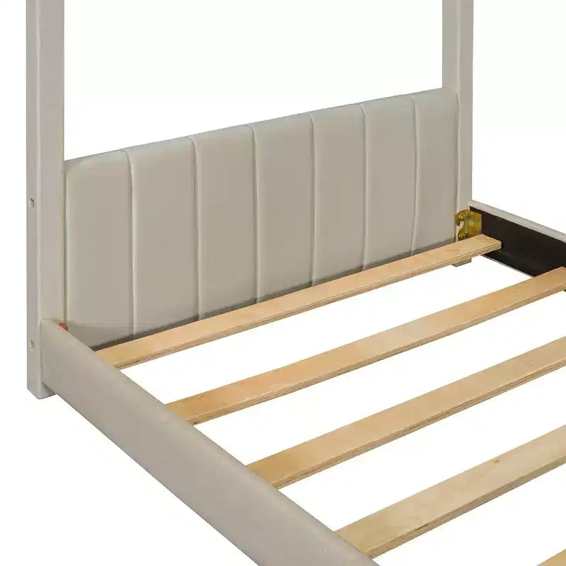 Lit cabane double/grand format Lit plateforme en velours Cadre de lit en bois pour enfant, beige - ModernLuxe