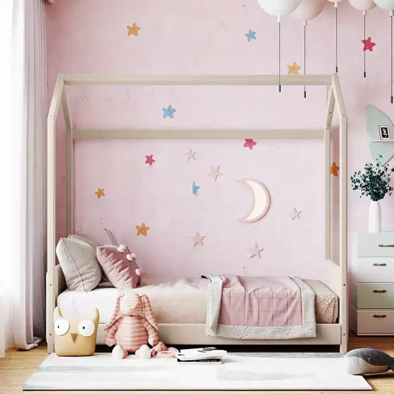 Lit cabane double/grand format Lit plateforme en velours Cadre de lit en bois pour enfant, beige - ModernLuxe