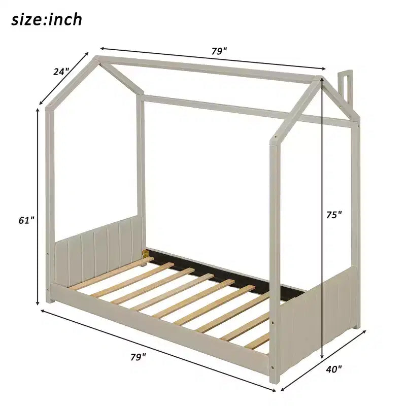 Lit cabane double/grand format Lit plateforme en velours Cadre de lit en bois pour enfant, beige - ModernLuxe