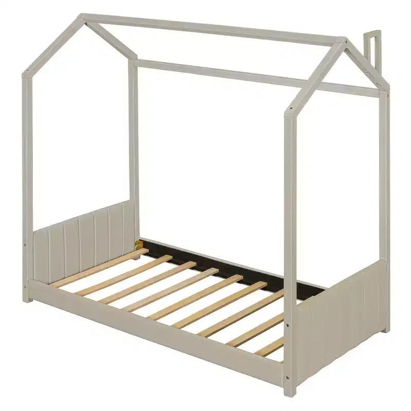 Lit cabane double/grand format Lit plateforme en velours Cadre de lit en bois pour enfant, beige - ModernLuxe